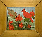 Cardinals with a wooden frame.