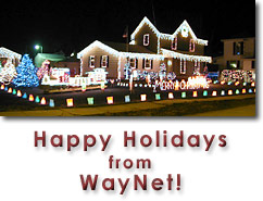 Happy Holidays from WayNet!  Photo of decorated home in Fountain City, Indiana.