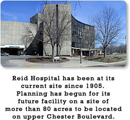 Reid Hospital has been at its current site since 1905.  Planning has begun for its future facility on a site of more than 80 acres to be located on upper Chester Boulevard.