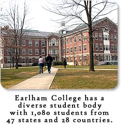 Earlham College has a diverse student body with 1,080 students from 47 states and 28 countries. (2003)