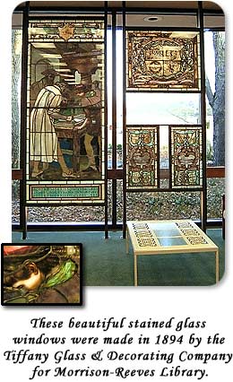 These beautiful stained glass windows were made in 1894 by the Tiffany Glass & Decorating Company for Morrisson-Reeves Library.