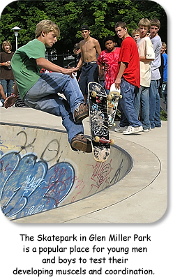 The Skatepark in Glen Miller Park is a popular place for young men and boys to test their developing muscels and coordination.