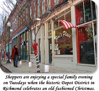 Shoppers are enjoying a special family evening on Tuesdays when the historic Depot District in Richmond celebrates an old-fashioned Christmas.