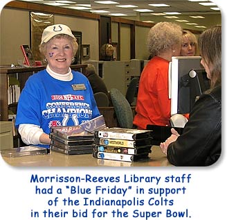 Morrisson-Reeves Library staff had a "Blue Friday" in support of the Indianapolis Colts in their bid for the Super Bowl.