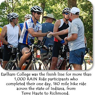 Earlham College was the finish line for more than 1,000 RAIN Ride participants who comleted their one day, 160 mile bike ride across the state of Indiana, from Terre Haute to Richmond.