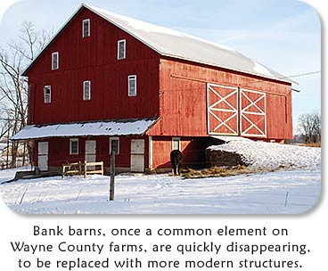Bank barns, once a common element on Wayne County farms, are quickly disappearing, to be replaced with more modern structures.