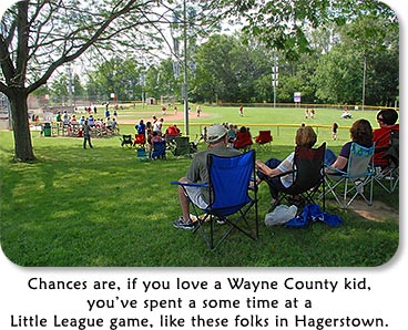 Photo: People watching baseball.  Text: Chanes are, if you love a Wayne County kid, you've spent some time at a Little League game, like these folks in Hagerstown.