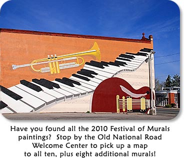 Photo: Mural "Cross-Rhythm Coda" by Justin Montavon Text: Have you found all the 2010 Festival of Murals paintings?  Stop by the Old National Road Welcome Center to pick up a map to all ten, plus eight additional murals.