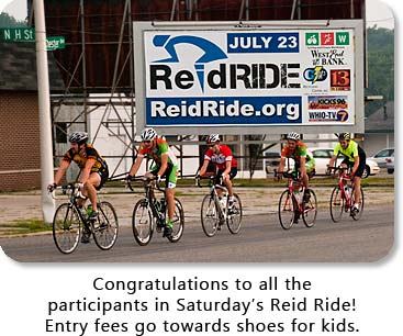 Photo: Bicycle riders.  Text: Congratulatons to all the participants in Saturday's Reid Ride!  Entry fees go towards shoes for kids.
