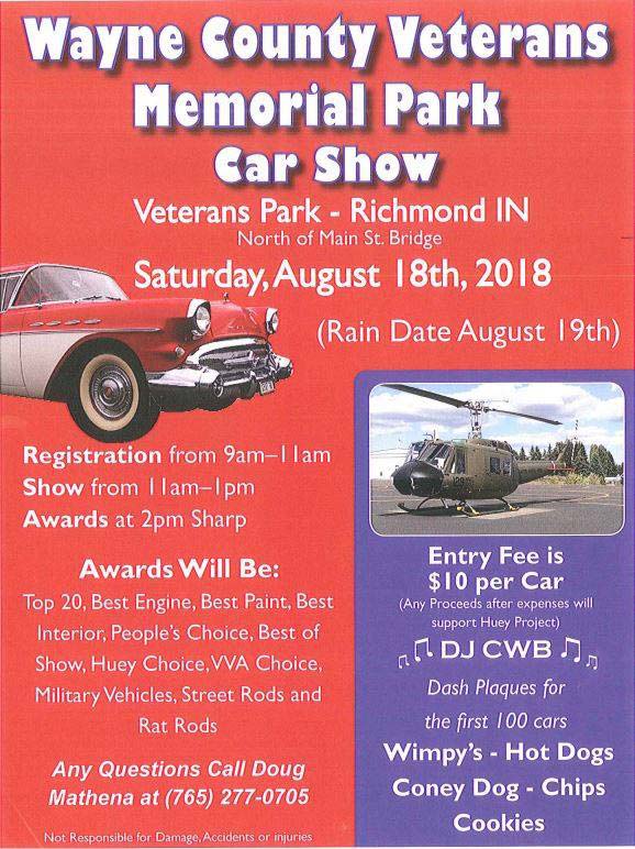Flyer: Veterans Memorial Park Car Show on 08/18/2018
