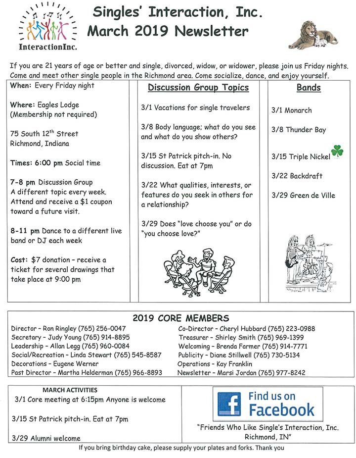 Supplied Flyer: March 2019 Singles Interaction News Letter