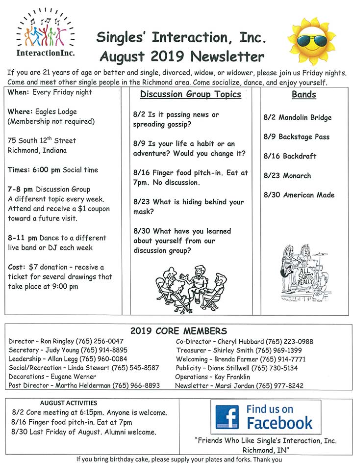 Supplied Flyer: August 2019 Singles Interaction Newsletter