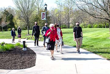 IU President-elect Pamela Whitten toured IU East with Chancellor Kathy Girten, student Zachery Honeycutt, and administrators on April 27.