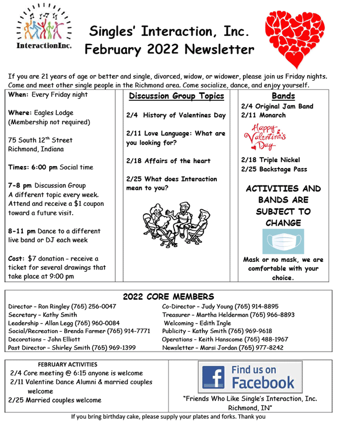 Supplied Flyer: February 2022 Singles Interaction Newsletter
