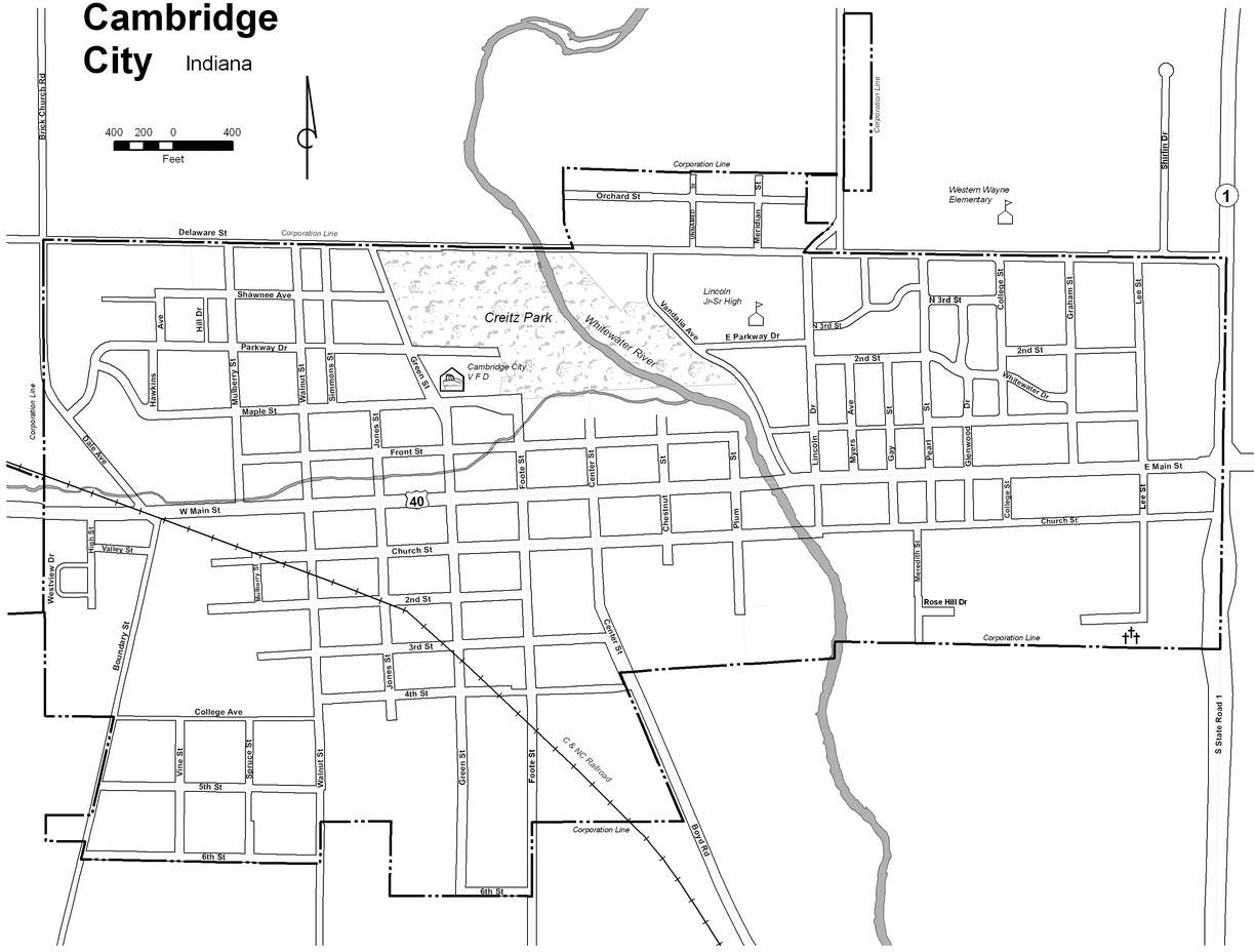 Map of Cambridge City, Indiana.