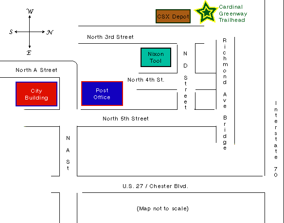 Map to the Cardinal Greenway Trailhead in Richmond, Indiana.