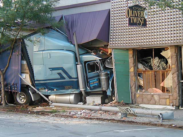 Closeup of truck that crashed into Smiley's Pub on North 8th Street in Richmond.