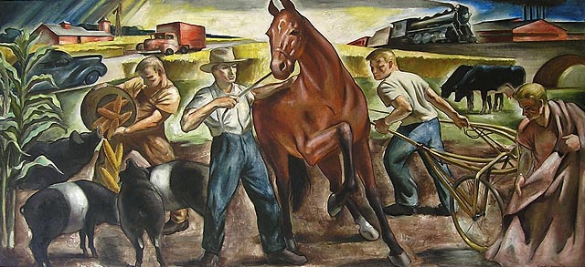 1930's era mural, man training a horse with other farm and industry images.