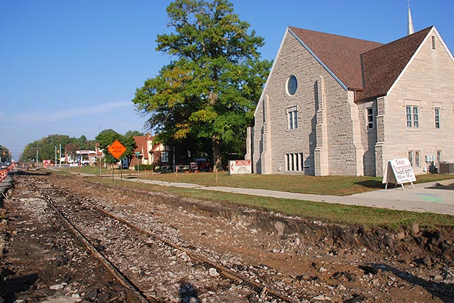 Rail tracks in front of church
