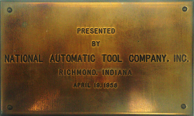 Presenation Sign: Presented by National Automatic Tool Company, Inc. Richmond, Indiana April 19, 1958